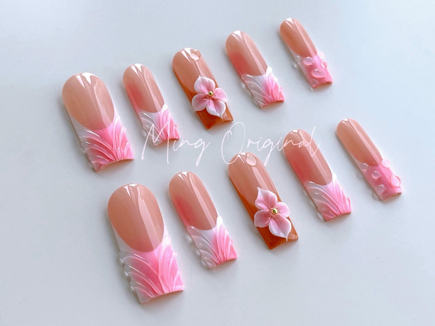 Summer Flower 3D Free Style press on nails, Fairycore Floral Nail, Pink French Tip, Vibrant airbrush ombre