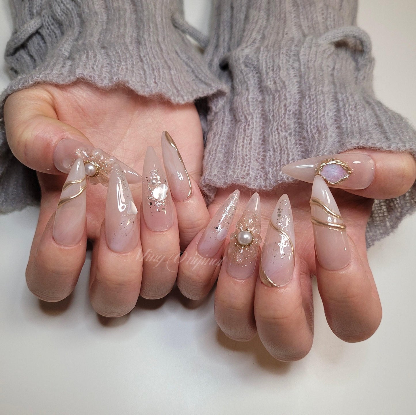 3D Free Style Nude Flower press on nails, Seashell with pearl reusable nail, chrome, diamond reflective glitter jelly fake nail