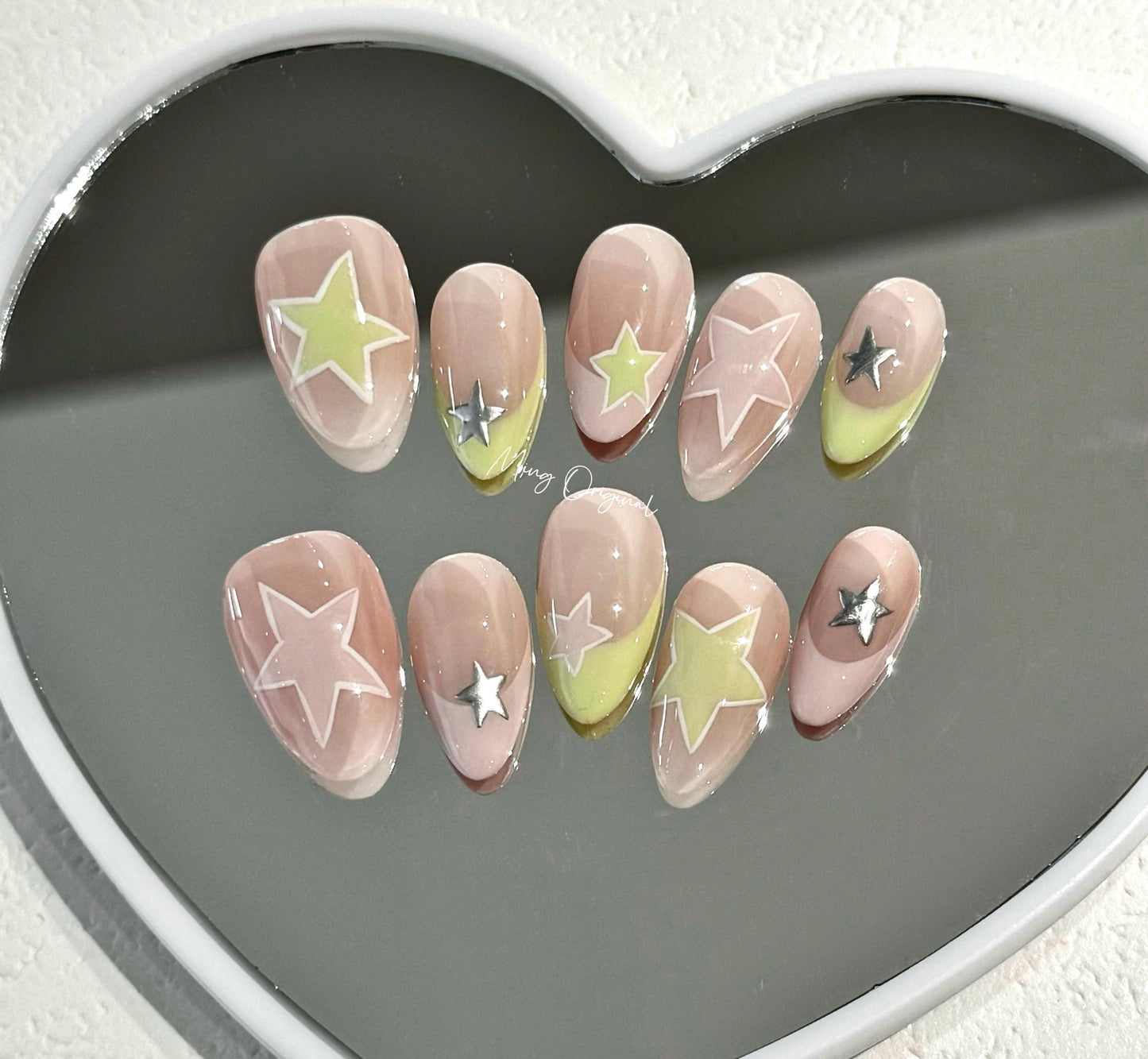 Cute Star Press on Nails, hand paint pink and green stars, bubble gum color French tip, macaroon color, glue on nail, fake nail, MO281