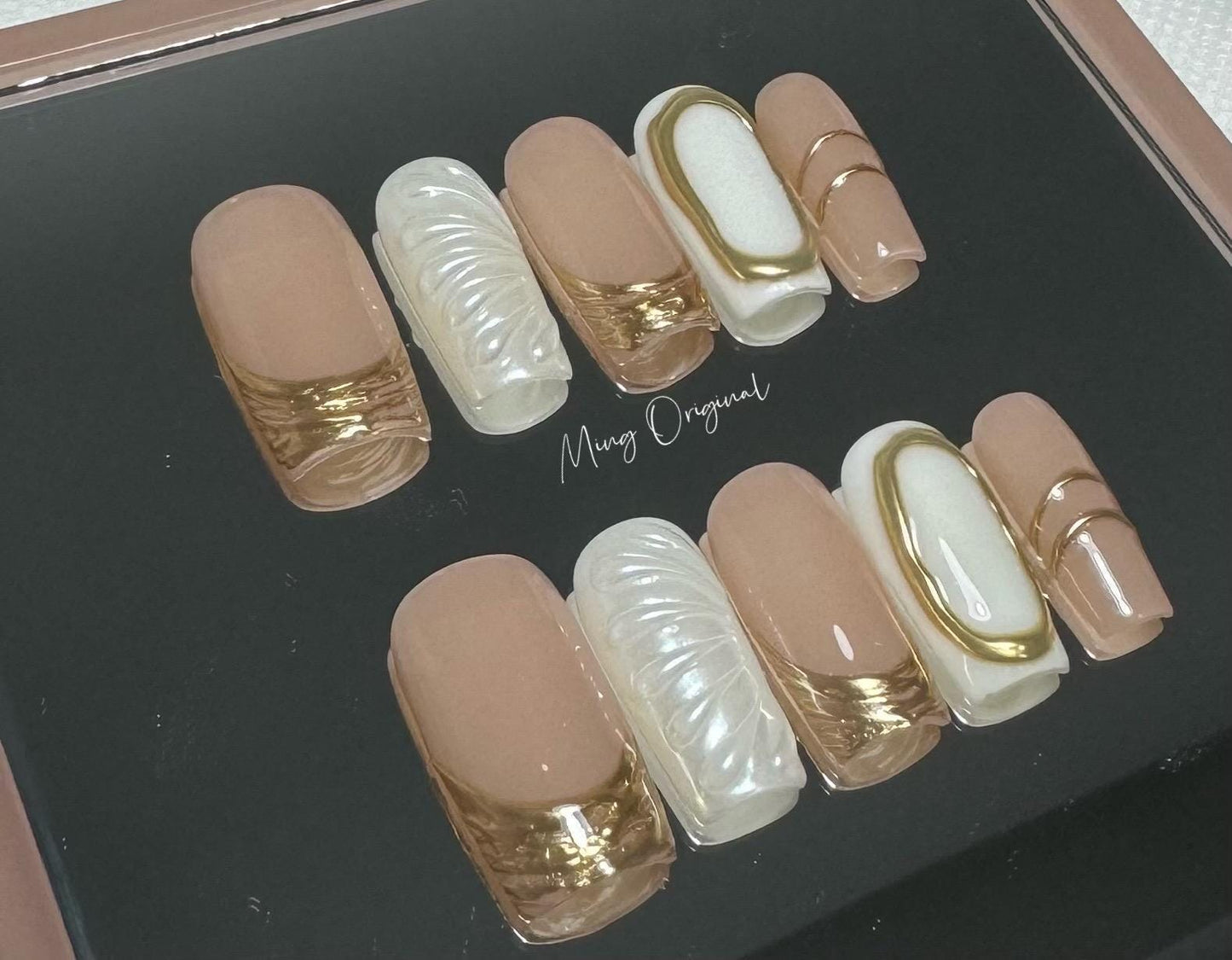 3D pearlescent mermaid press on nails, gold chrome detail nail, Aura Seashell reusable nail, nude jelly fake nail, gift for her,MO310