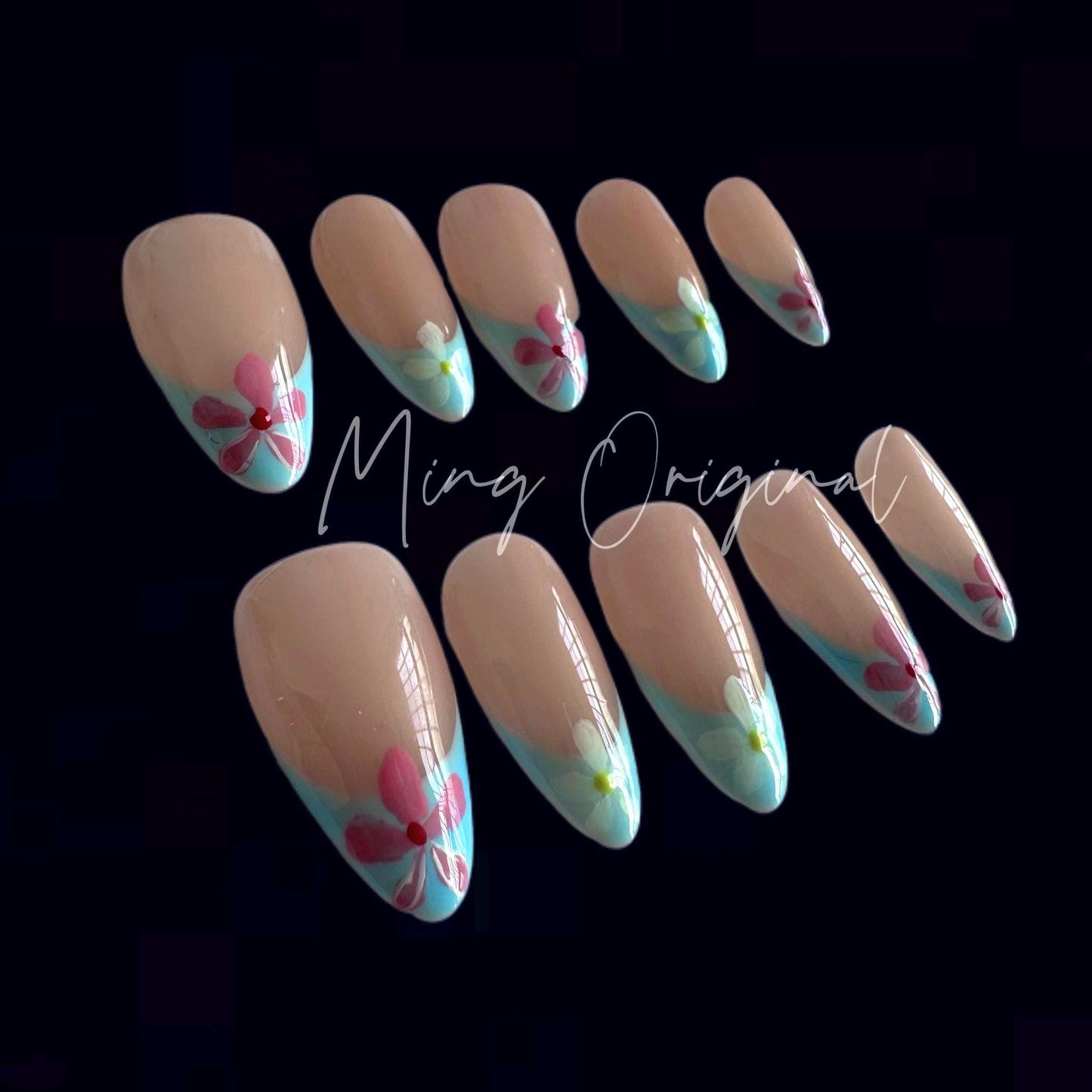 Blue French tip, hand painted wild flower Press on Nails, summer nail, gift for her