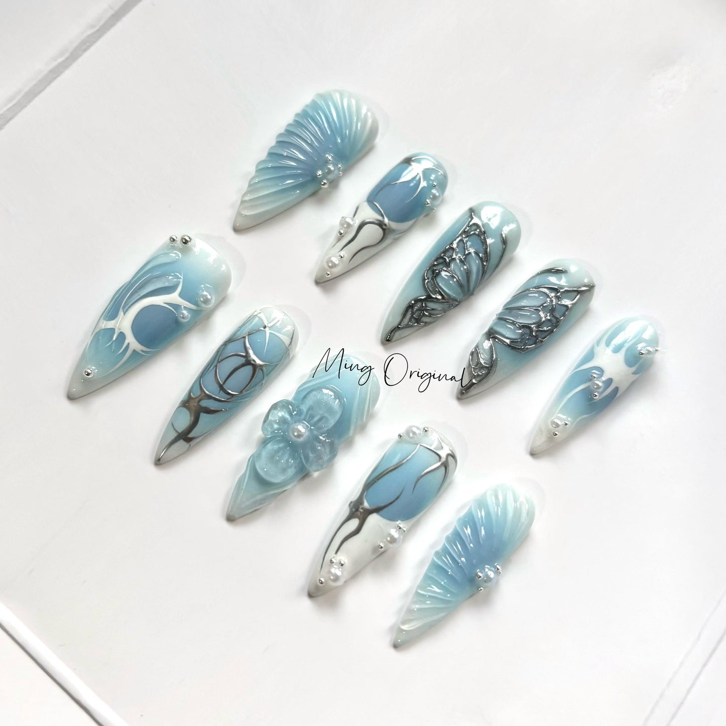 Free style silver Metallic chrome butterfly gothic Nail press on, blue 3d flower glue on fake nail, holiday birthday gift for her, MO323