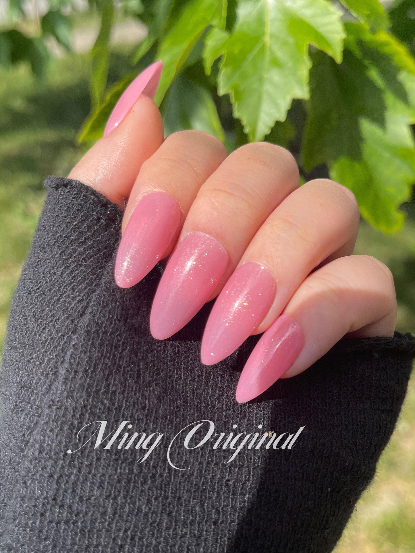 Jelly pink with gold shimmer press on nails, glue on nails, reuse nails, jelly fake nail, glitter shine gel nail