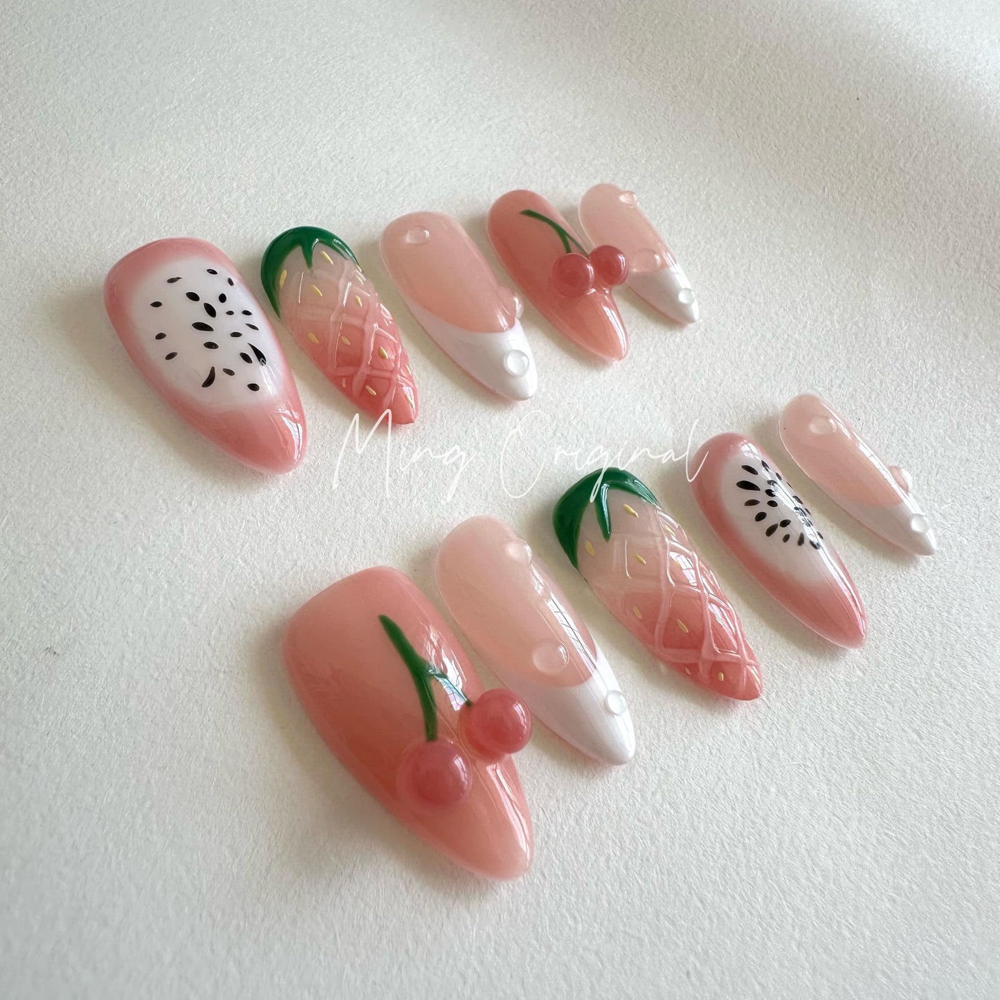 Summer Pink Cherry Fruit Lover press on nails,Fresh Look Candy Color Gifts for Her, strawberry Kiwi Watermelon