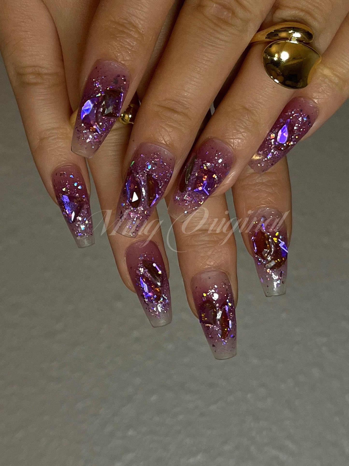 Purple Aurora gem crystal holographic glittery Nail press on, Fake nails, ombre Handmade Gel Nails, jelly Nails