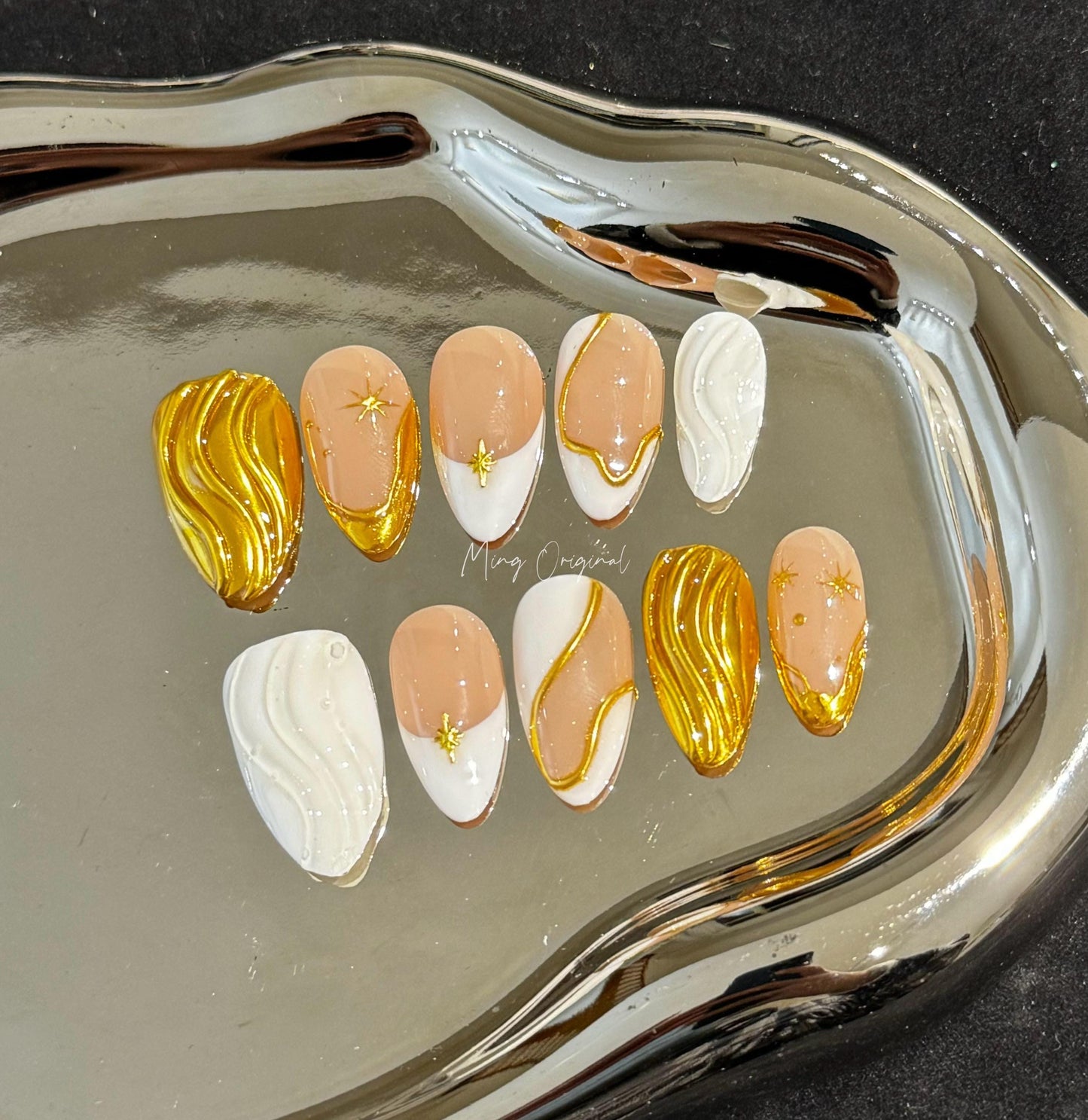 White and Gold press on nails,  3d chrome mirror star reusable nail, french tip nail, jelly fake nail, gift for her