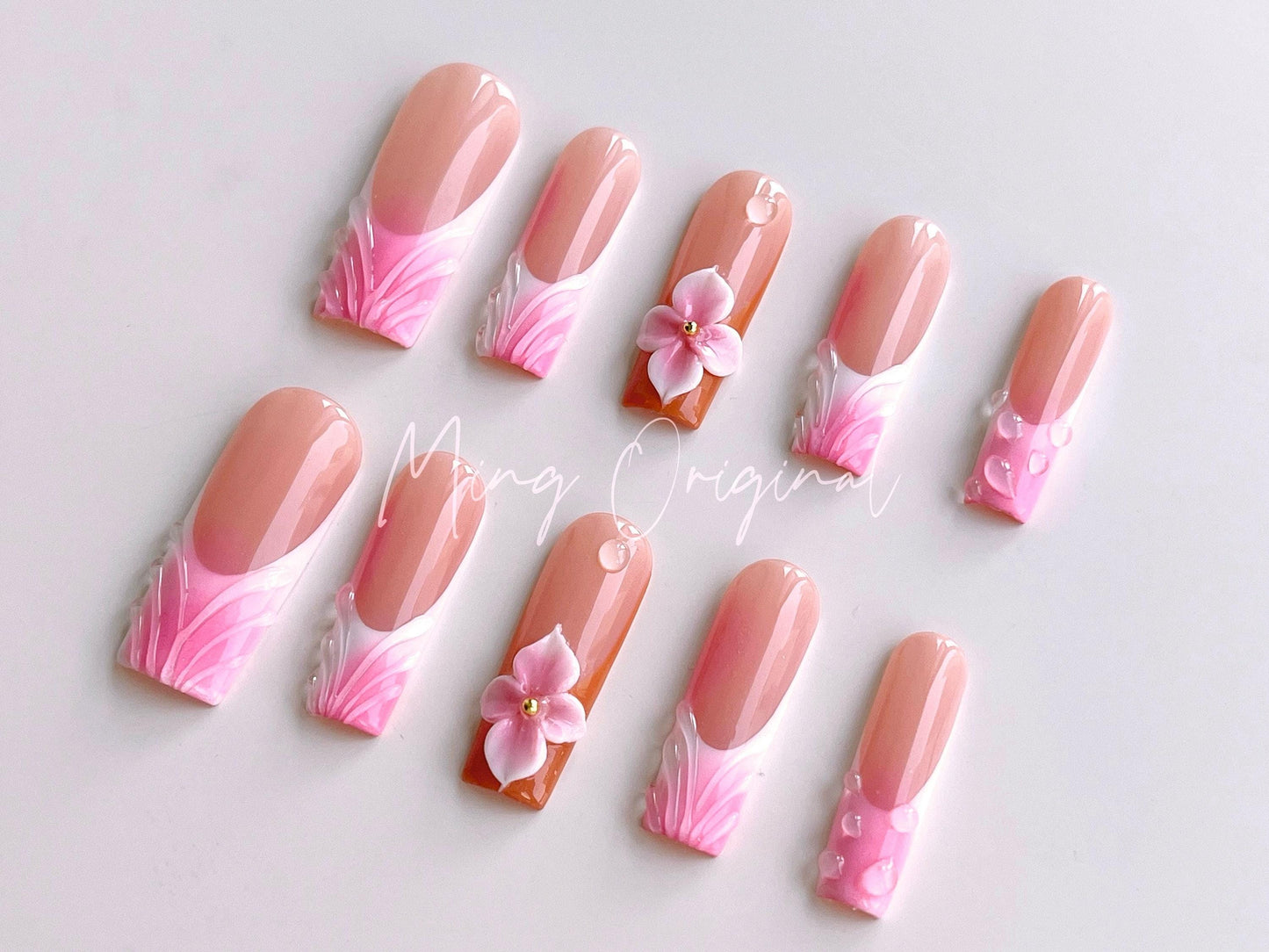 Summer Flower 3D Free Style press on nails, Fairycore Floral Nail, Pink French Tip, Vibrant airbrush ombre