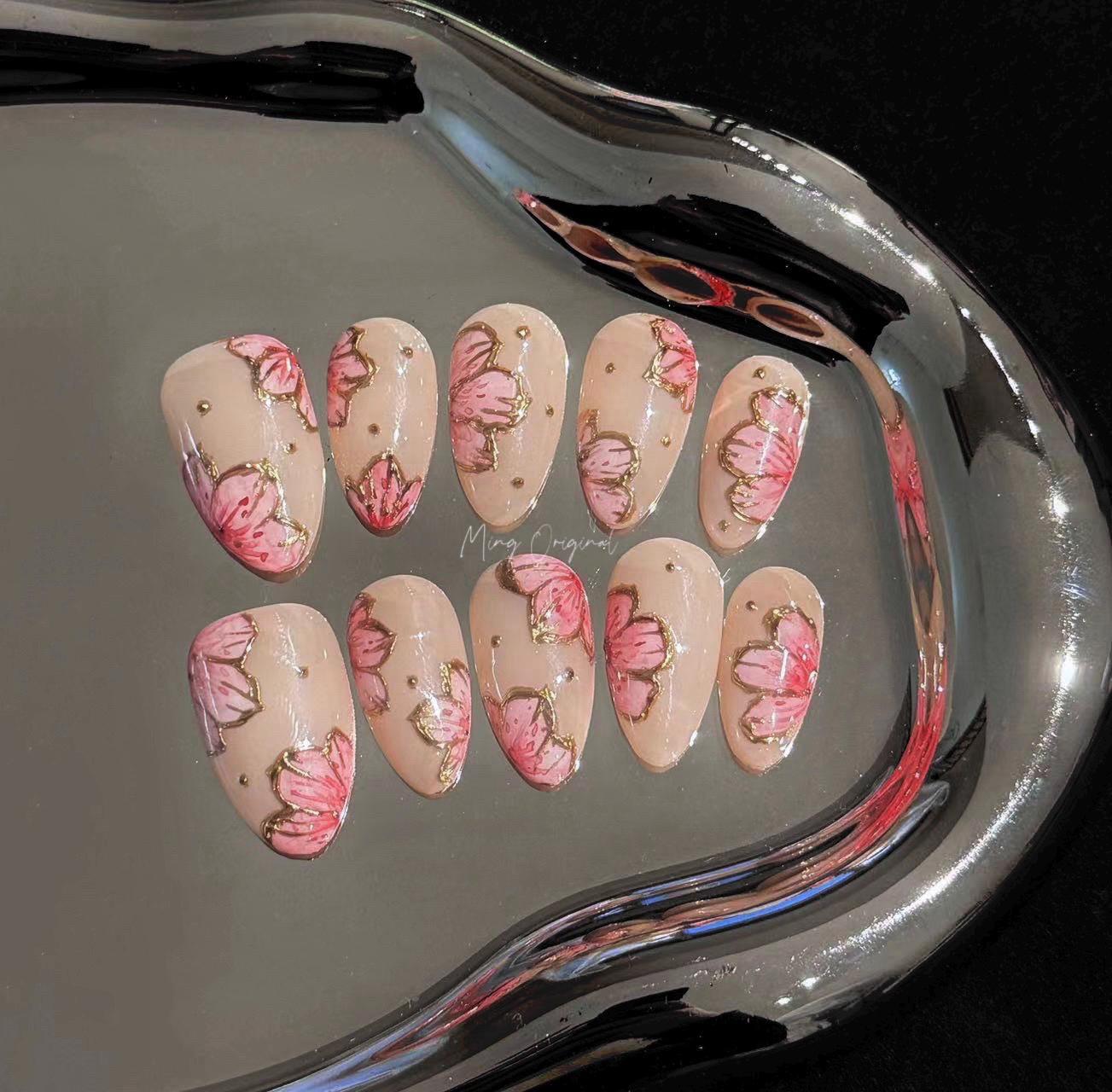 Pink Peach blossom sculptured flower Press on Nails, Gold Frame Orchard Floral Nails, Jelly Nails, gift for her, MO239