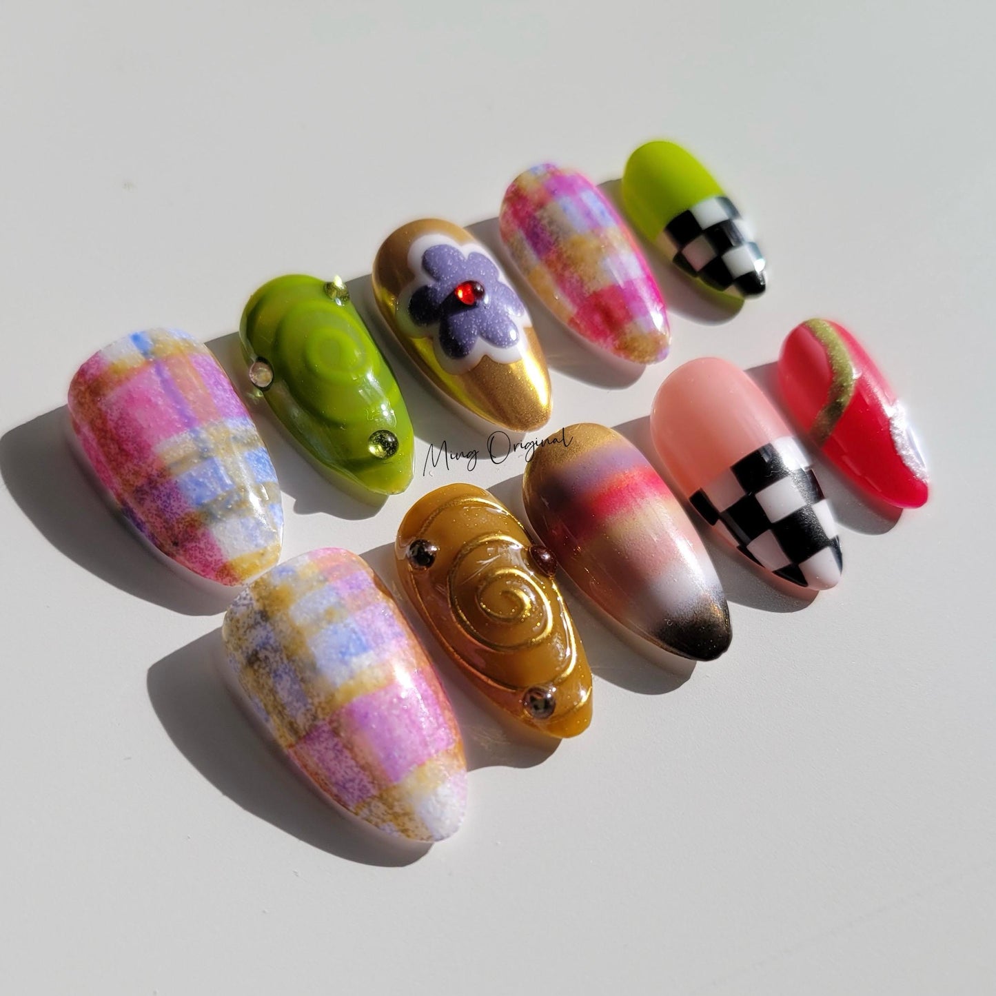 Rainbow plaid pattern with cute flower Press on Nails, blanket inspired, checkerboard glue on nail, holiday birthday gift for her,MO403