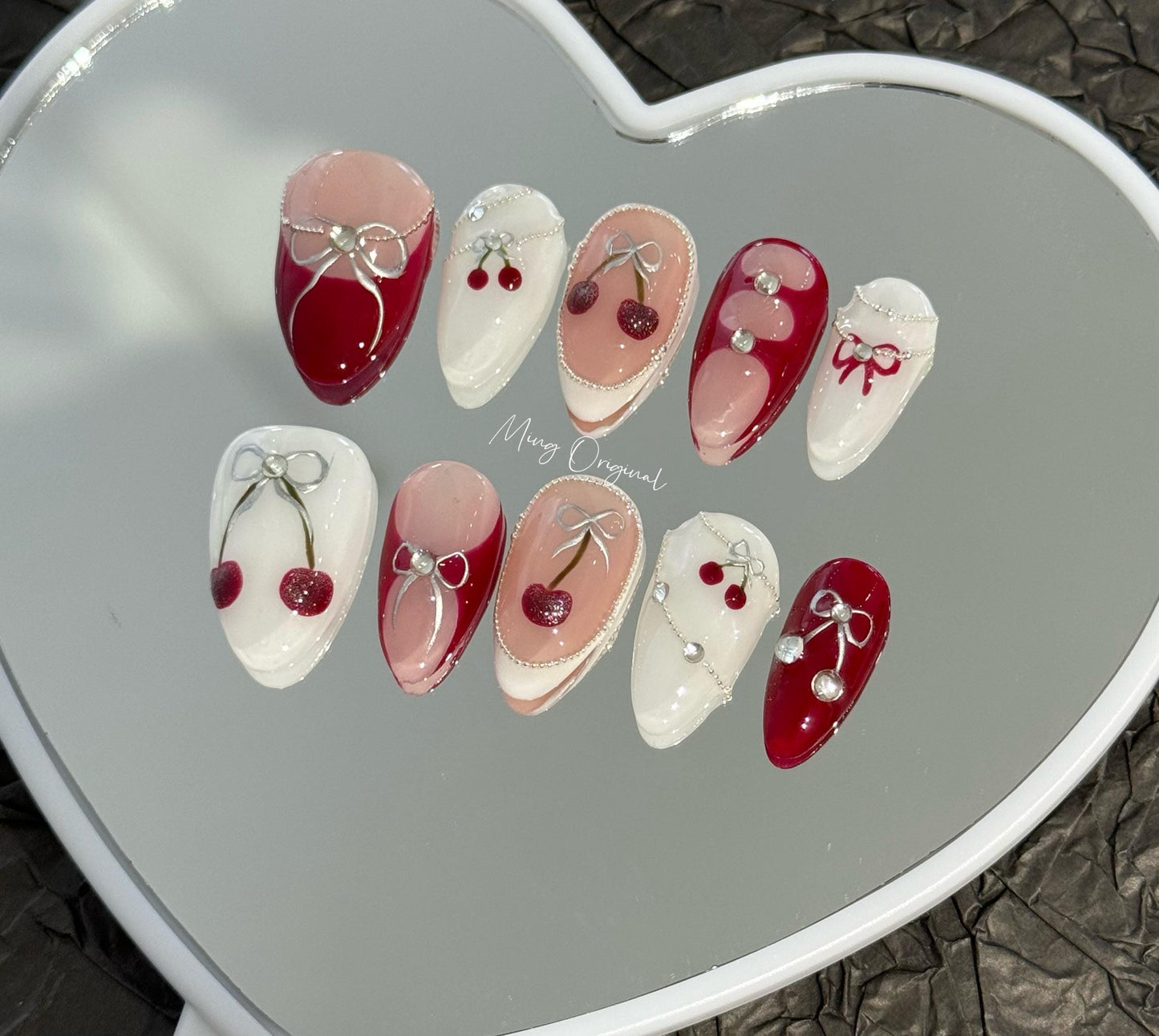 Red Cute cherry fruit lover Press on Nails, bow coquette Christmas nail, glue on nail, reuse nail, fake nails, new year gift for her,MO279