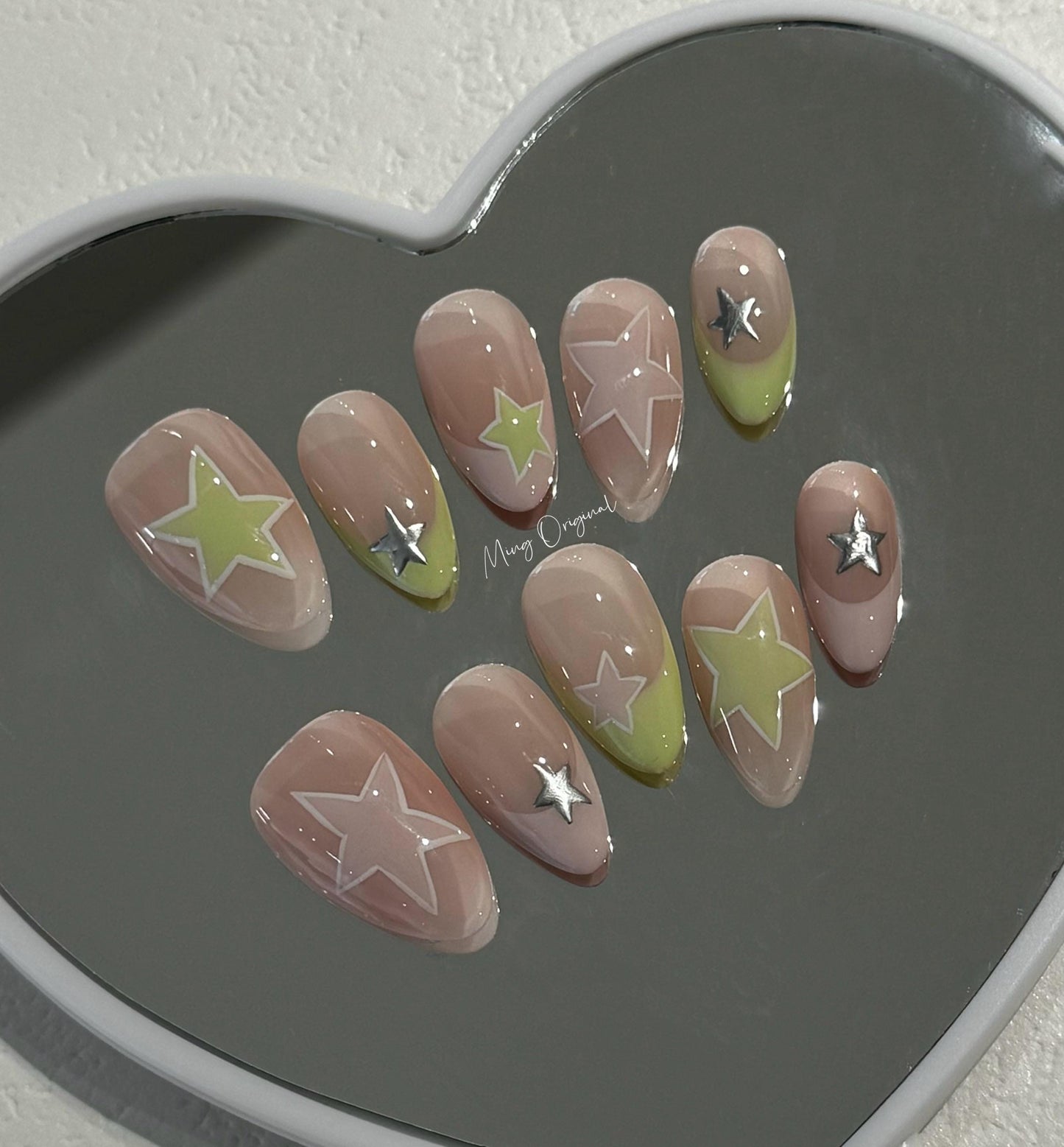 Cute Star Press on Nails, hand paint pink and green stars, bubble gum color French tip, macaroon color, glue on nail, fake nail, MO281