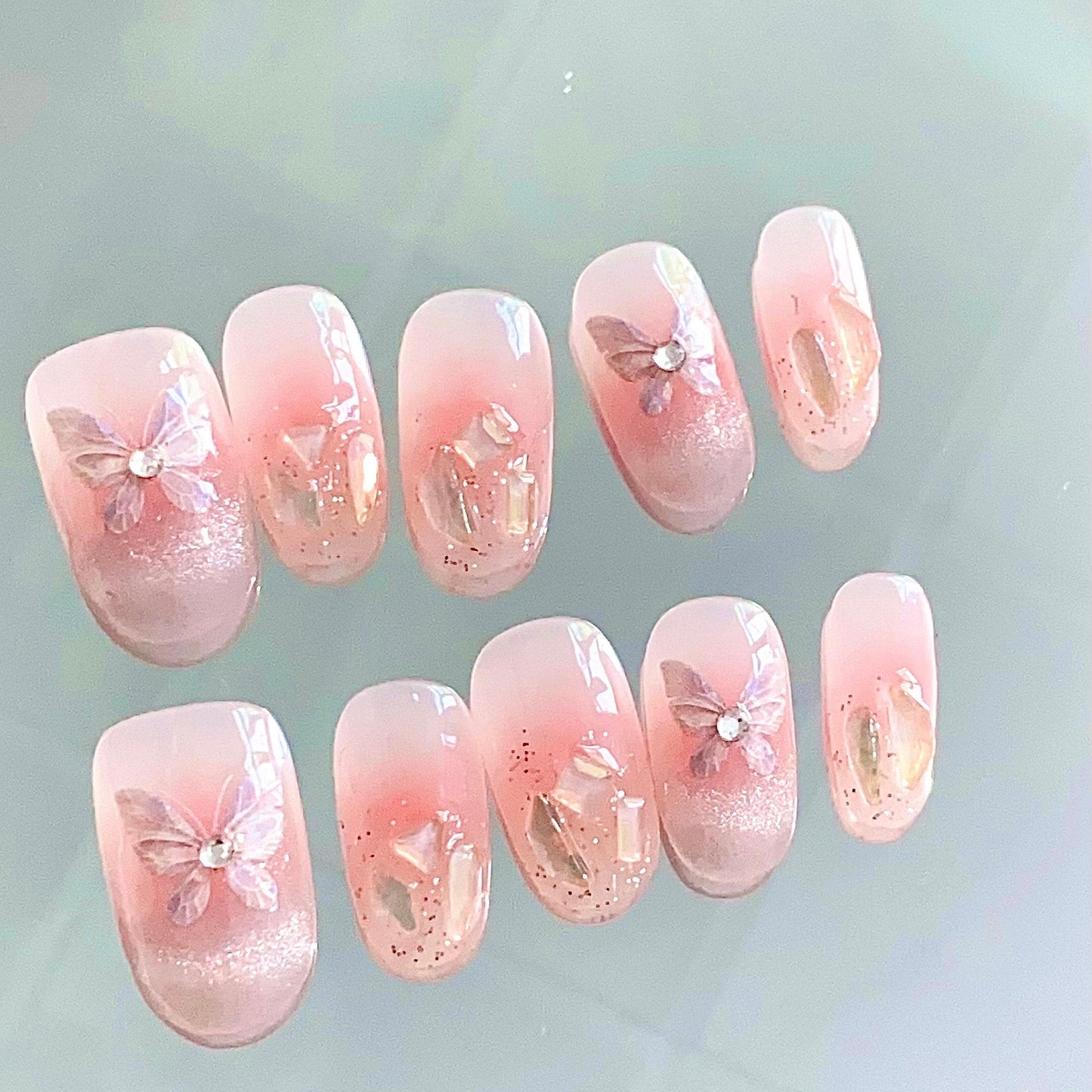 Butterfly press on art nail, french cat eye nails, blush nail, aura gem nail, glittery Handmade jelly nail