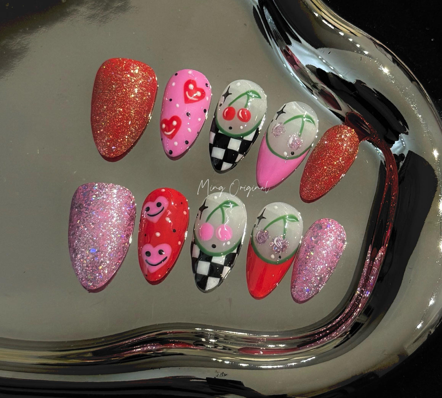 Cute checkerboard Free style pink heart Press on Nails, colorful cherry flower, girly cloud nail, hand painted Nails,