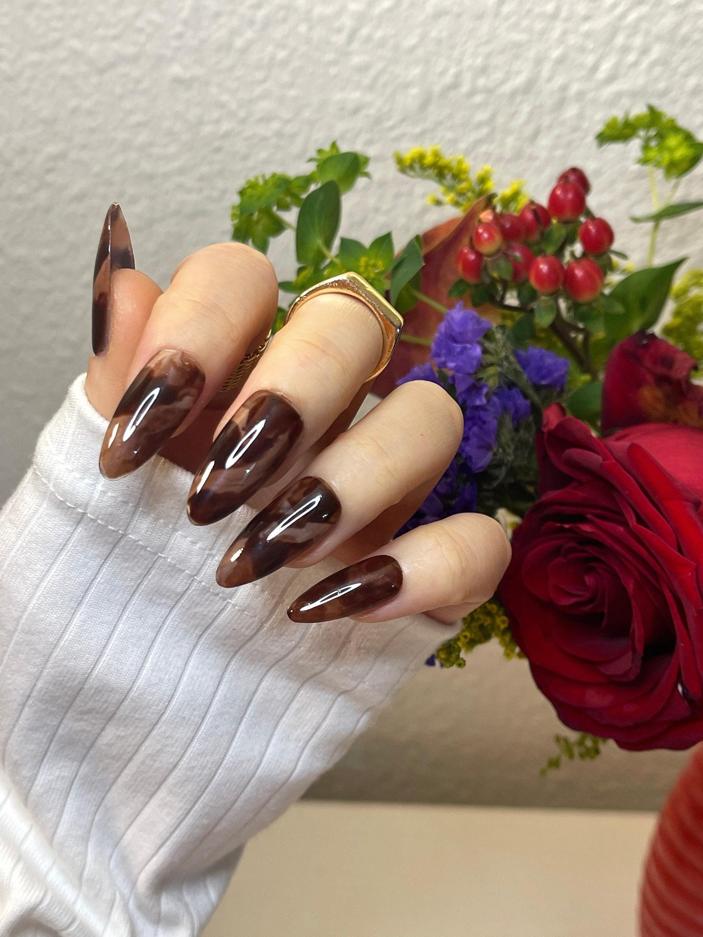 Reusable Brown Water Bloom Animal Print Nail, Acrylic & press on nail, Fake nails, Nail Artist Faux Nails, Handmade Gel Nails, Jelly Nails