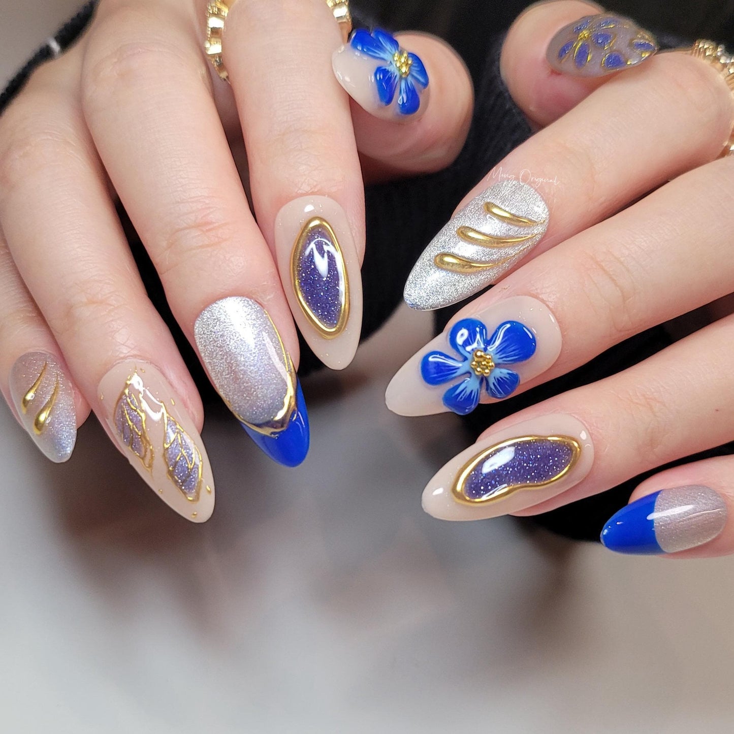 Glittery Handmade 3d Blue Orchid lily flower Press on Nails, sculpted Fairycore Sunset Tropical Floral, gold chrome nail, gift for her