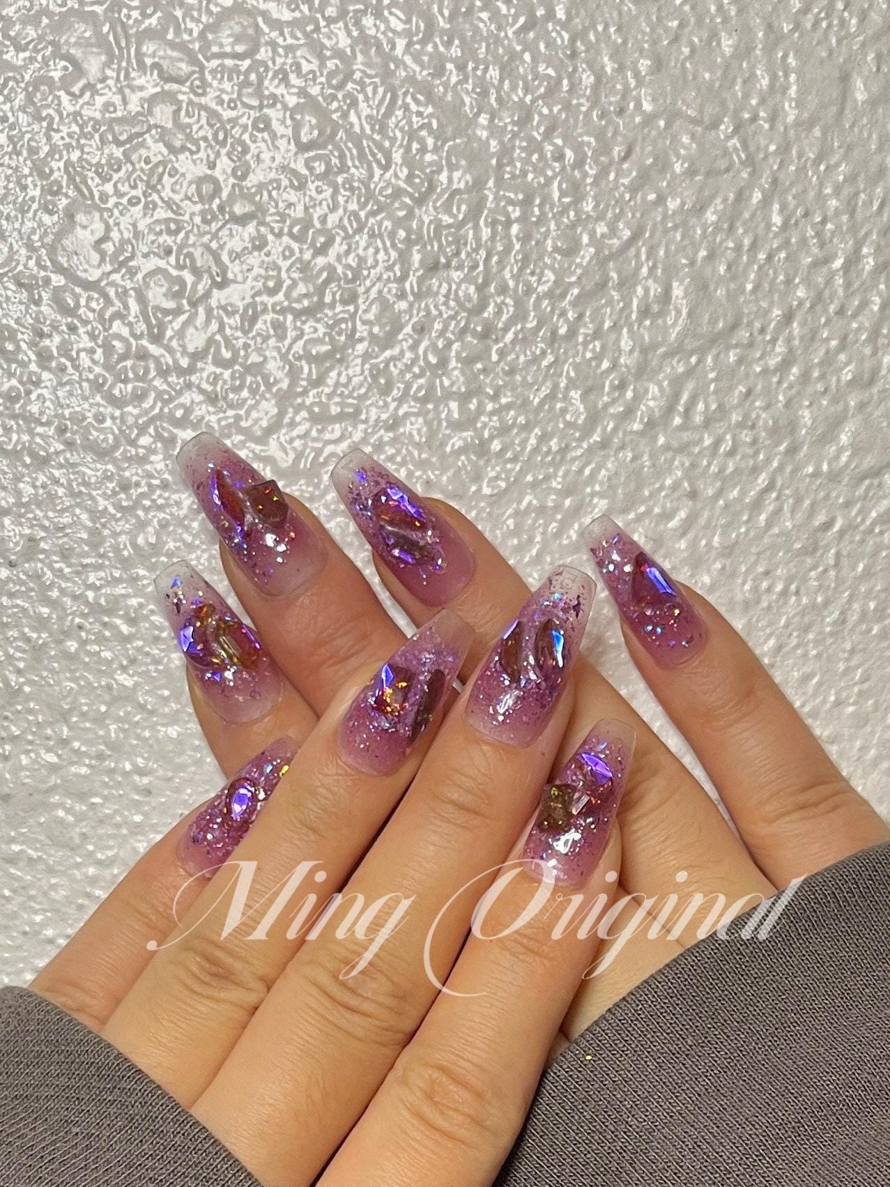 Purple Aurora gem crystal holographic glittery Nail press on, Fake nails, ombre Handmade Gel Nails, jelly Nails
