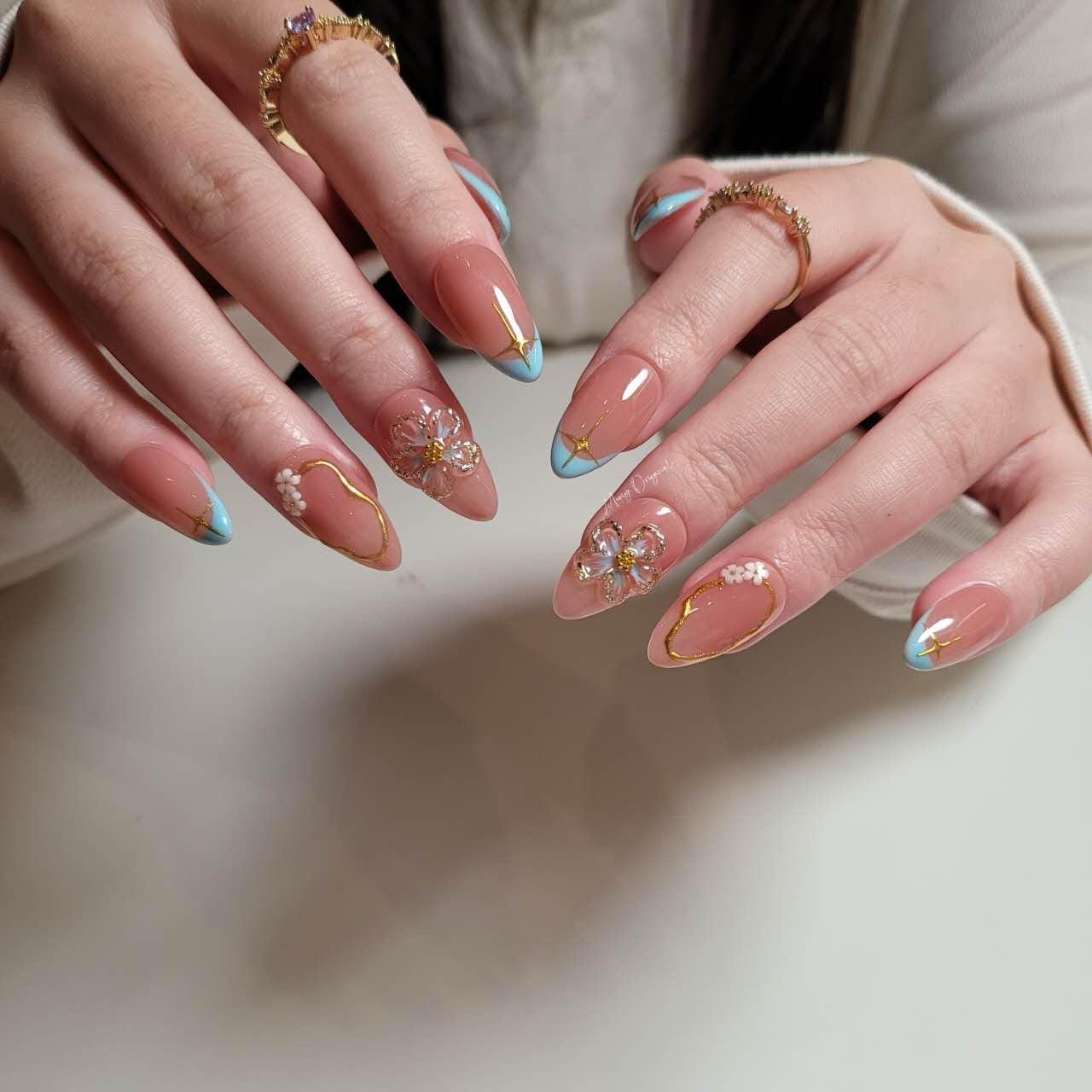 Candy color French tip, hand painted cute 3d jelly flower Press on Nails, gold star, gift for her