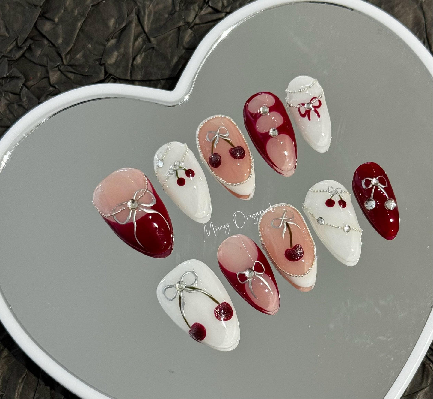 Red Cute cherry fruit lover Press on Nails, bow coquette Christmas nail, glue on nail, reuse nail, fake nails, new year gift for her,MO279