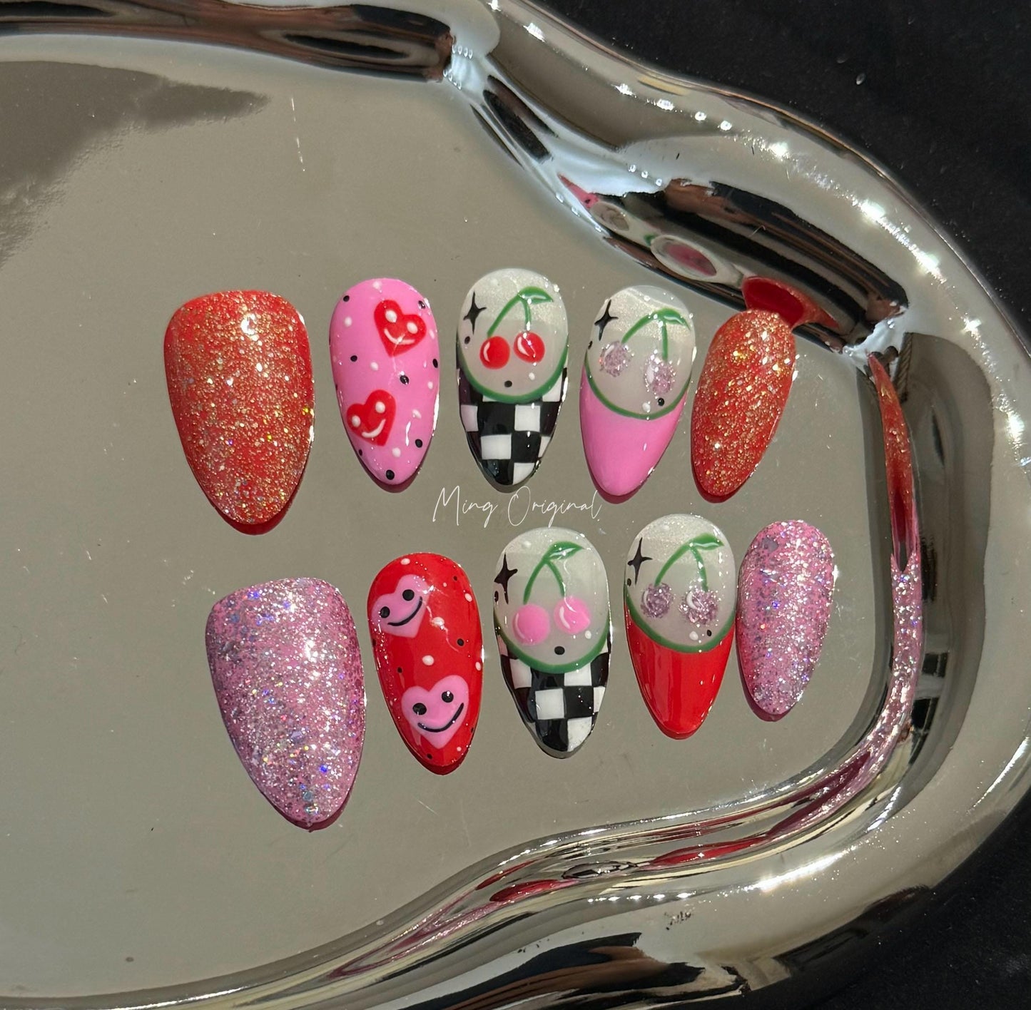 Cute checkerboard Free style pink heart Press on Nails, colorful cherry flower, girly cloud nail, hand painted Nails,
