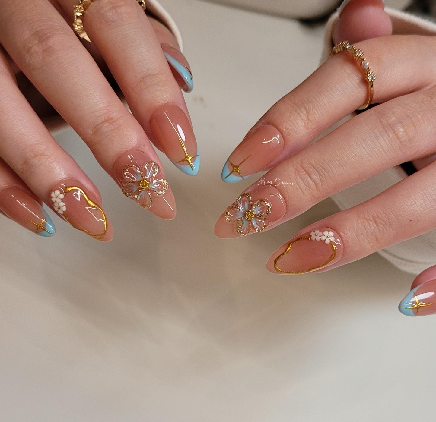 Candy color French tip, hand painted cute 3d jelly flower Press on Nails, gold star, gift for her