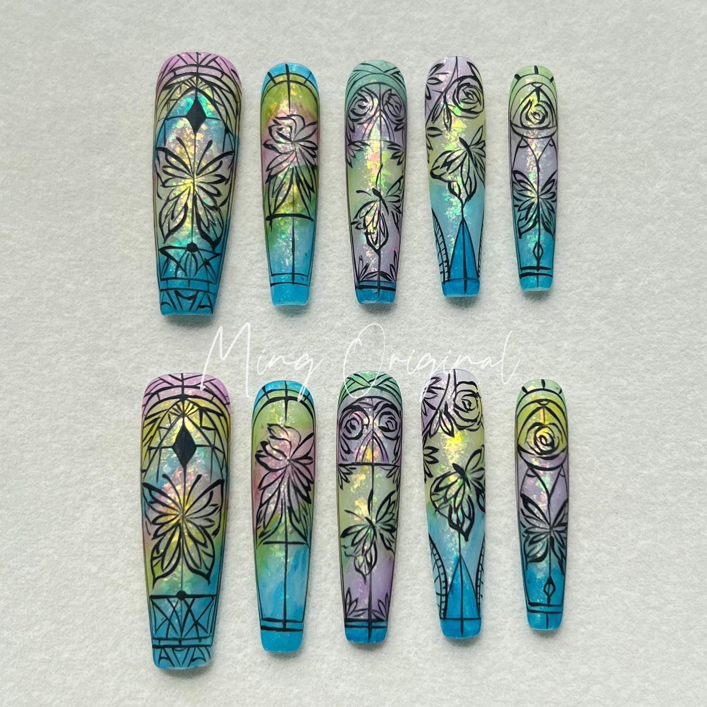 Stained Glass Window Free style Glitter Water Color press on nails, ombre rainbow color matching, hand painted nail, holiday gift for her