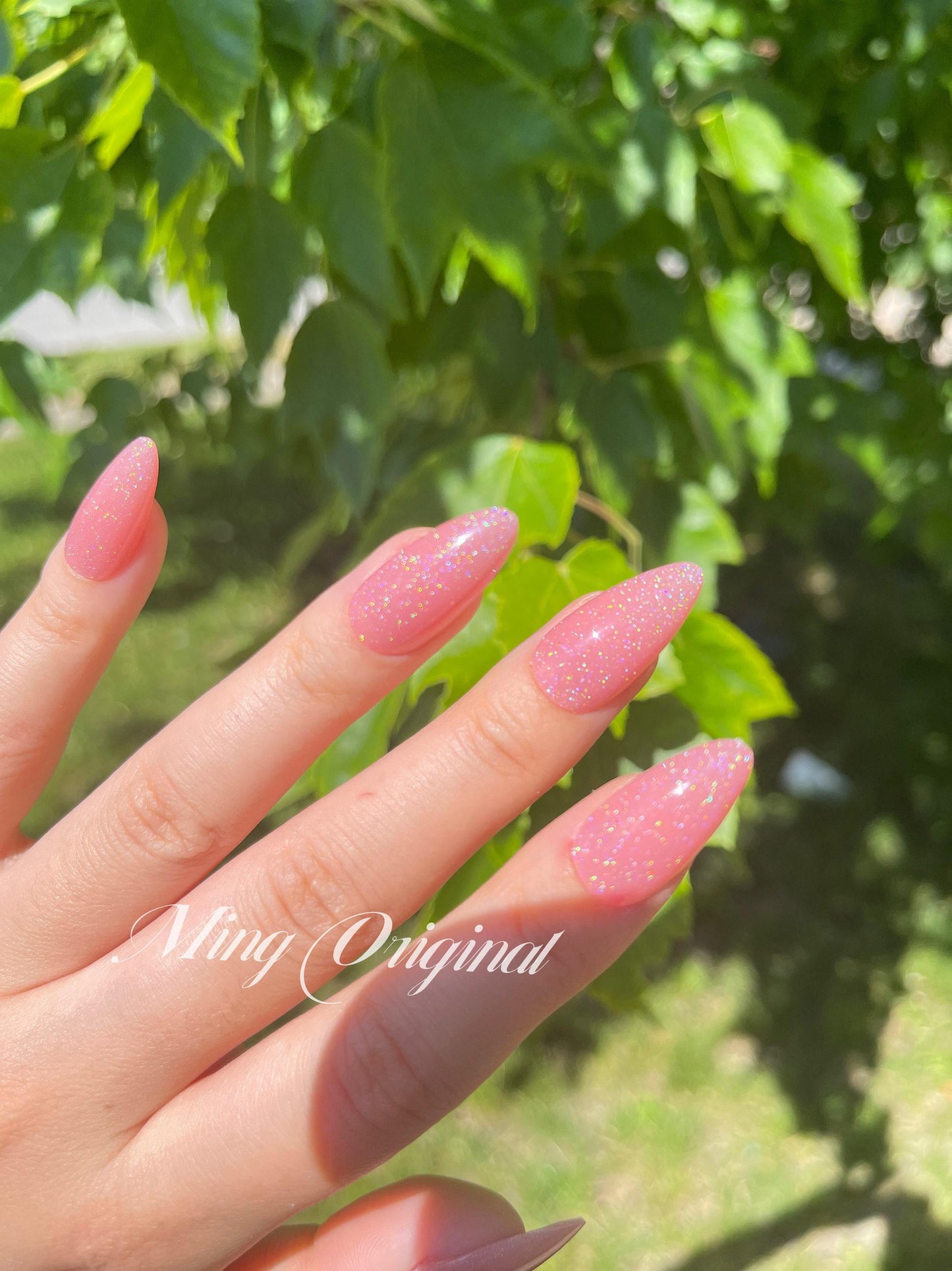 Pink rainbow shimmer Holographic press on nails, reuse nails, jelly fake nail, Sparkle nails