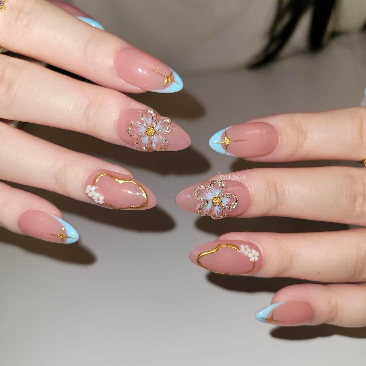 Candy color French tip, hand painted cute 3d jelly flower Press on Nails, gold star, gift for her