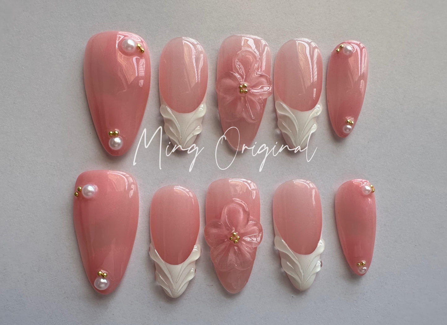 Simple Pink Summer Jelly Flower 3D Free Style with Pearls press on nails, Fairycore Floral Nail, French Tip,