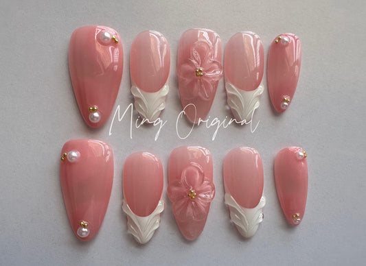 Simple Pink Summer Jelly Flower 3D Free Style with Pearls press on nails, Fairycore Floral Nail, French Tip,