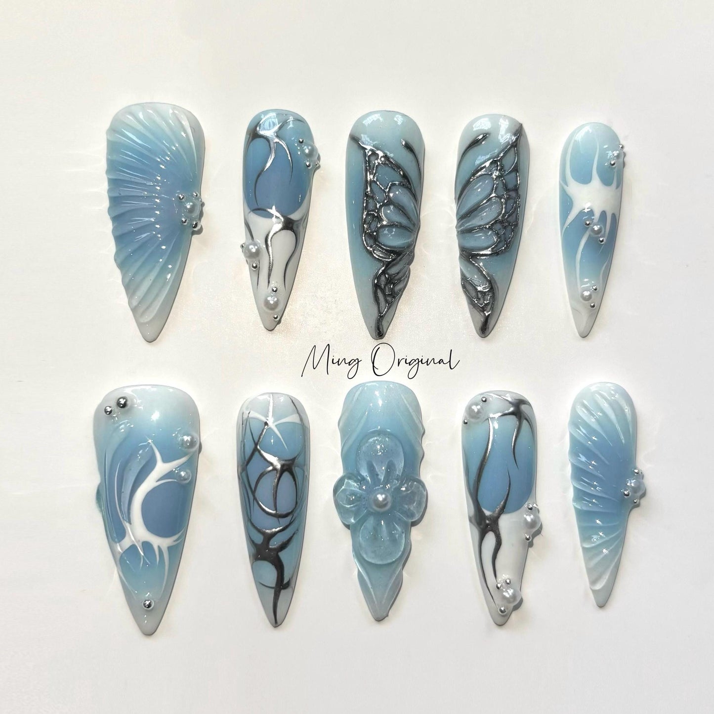 Free style silver Metallic chrome butterfly gothic Nail press on, blue 3d flower glue on fake nail, holiday birthday gift for her, MO323