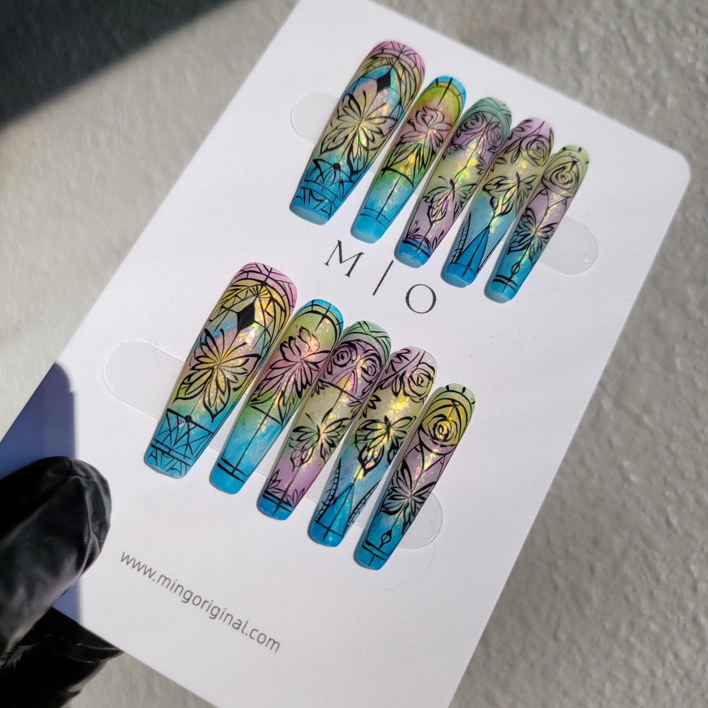 Stained Glass Window Free style Glitter Water Color press on nails, ombre rainbow color matching, hand painted nail, holiday gift for her