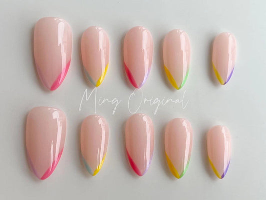 Bubbly color cute French tip press on nails, reuse nails,hand painted candy color nail, gift for her