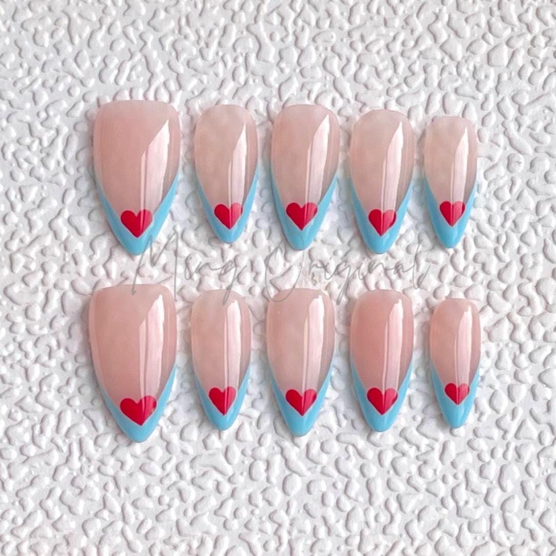 Candy color French tip, hand painted cute red heart and blue tip Press on Nails, summer nail, gift for her