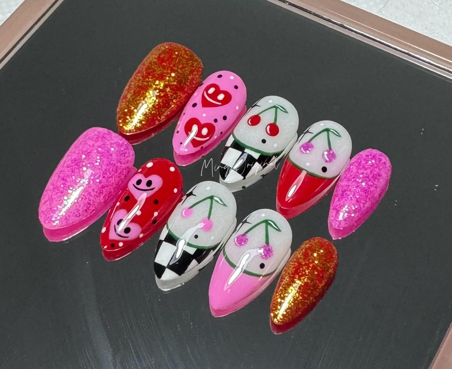 Cute checkerboard Free style pink heart Press on Nails, colorful cherry flower, girly cloud nail, hand painted Nails,