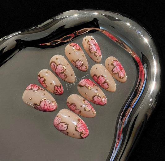 Pink Peach blossom sculptured flower Press on Nails, Gold Frame Orchard Floral Nails, Jelly Nails, gift for her, MO239