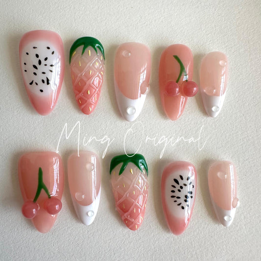 Summer Pink Cherry Fruit Lover press on nails,Fresh Look Candy Color Gifts for Her, strawberry Kiwi Watermelon