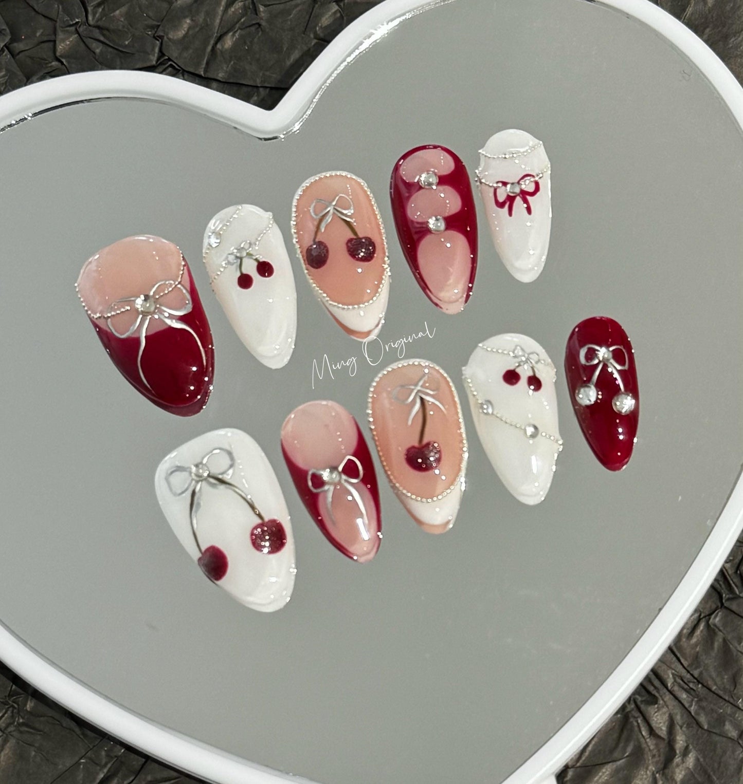 Red Cute cherry fruit lover Press on Nails, bow coquette Christmas nail, glue on nail, reuse nail, fake nails, new year gift for her,MO279