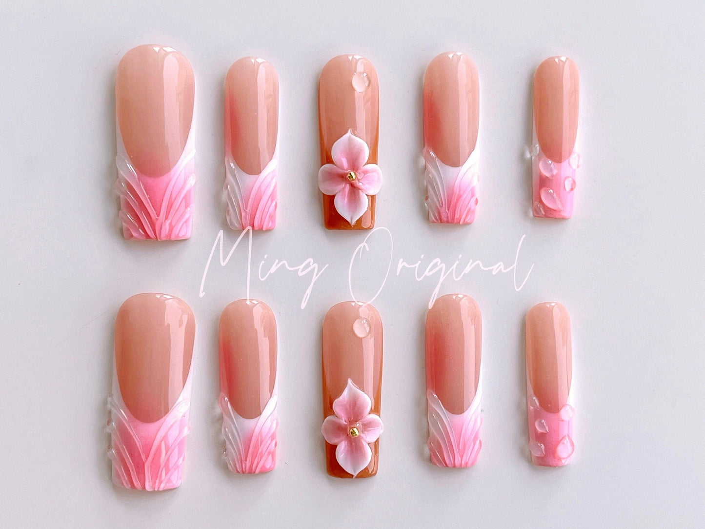 Summer Flower 3D Free Style press on nails, Fairycore Floral Nail, Pink French Tip, Vibrant airbrush ombre