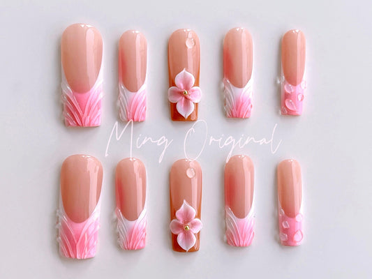 Summer Flower 3D Free Style press on nails, Fairycore Floral Nail, Pink French Tip, Vibrant airbrush ombre