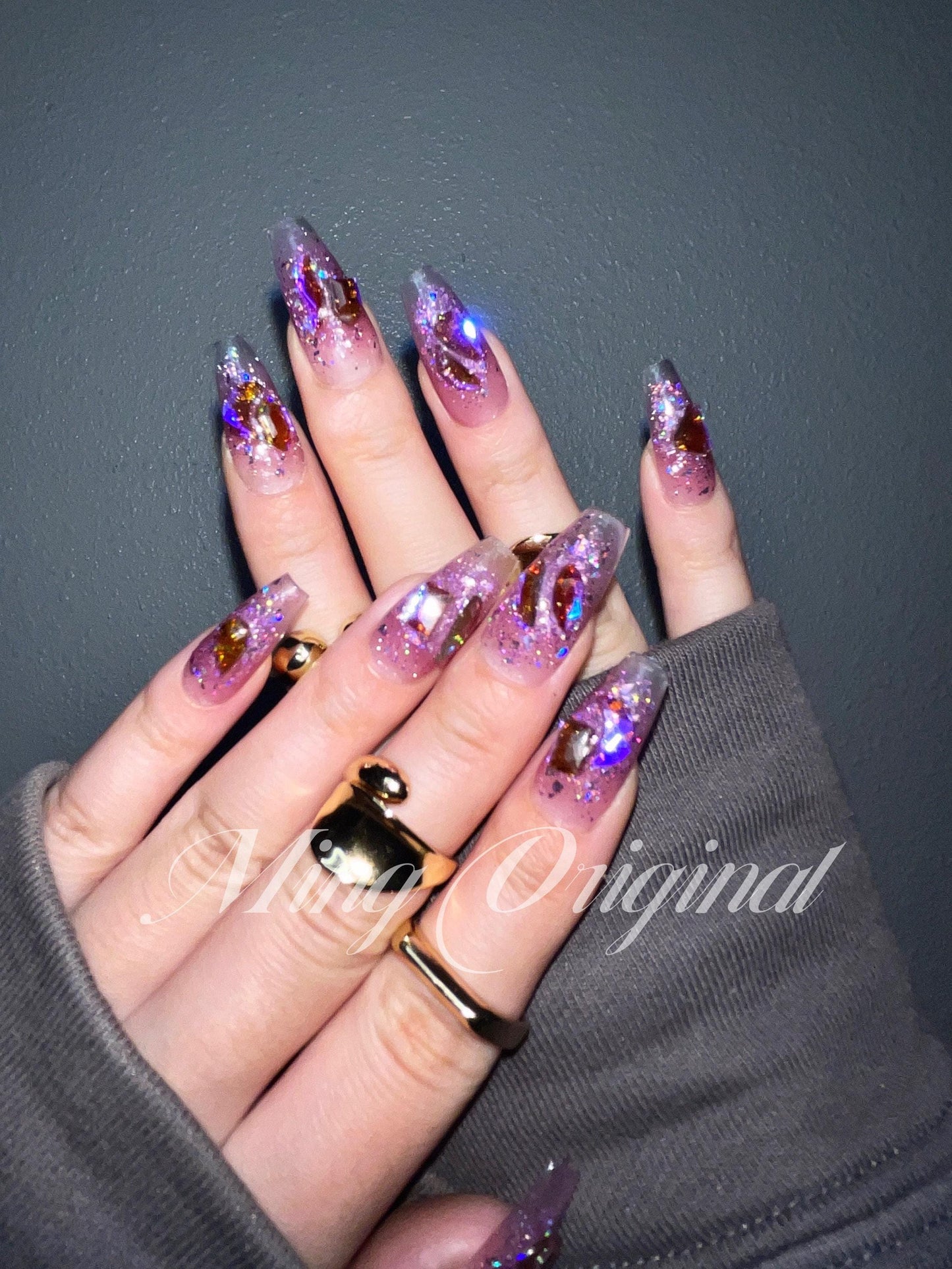 Purple Aurora gem crystal holographic glittery Nail press on, Fake nails, ombre Handmade Gel Nails, jelly Nails