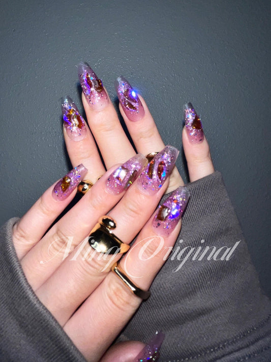 Purple Aurora gem crystal holographic glittery Nail press on, Fake nails, ombre Handmade Gel Nails, jelly Nails