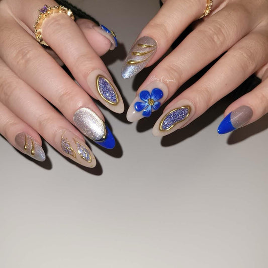Glittery Handmade 3d Blue Orchid lily flower Press on Nails, sculpted Fairycore Sunset Tropical Floral, gold chrome nail, gift for her