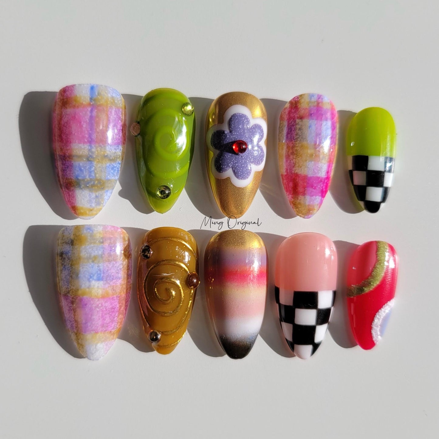 Rainbow plaid pattern with cute flower Press on Nails, blanket inspired, checkerboard glue on nail, holiday birthday gift for her,MO403