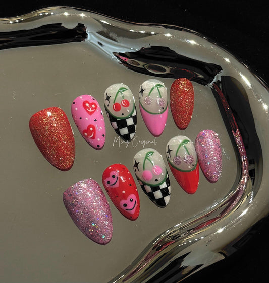 Cute checkerboard Free style pink heart Press on Nails, colorful cherry flower, girly cloud nail, hand painted Nails,