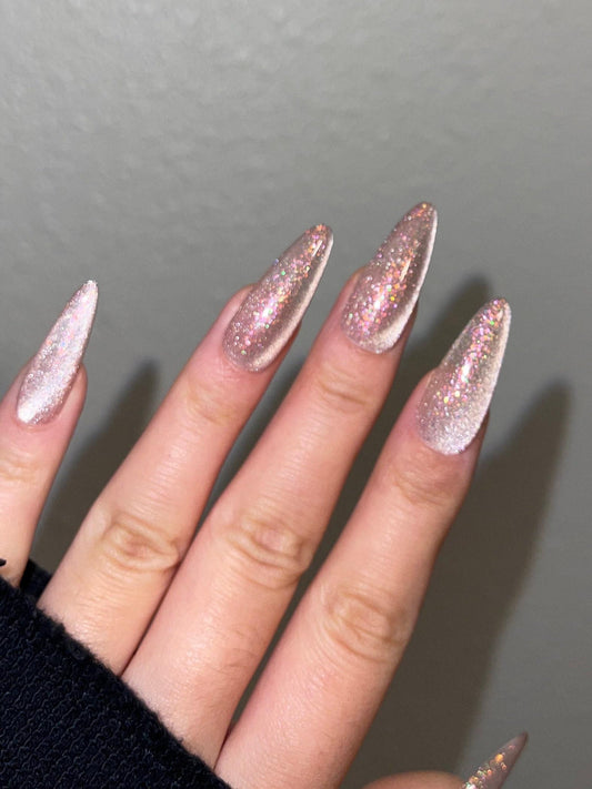 Da starry sky | light pink cat eye press on nails, reuse nails, jelly fake nail, sparkly Christmas nail