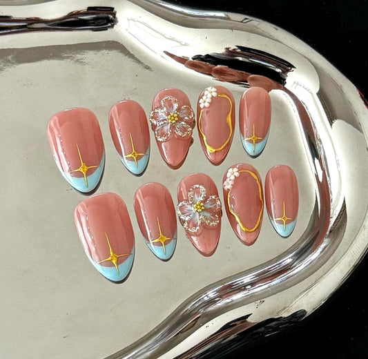 Candy color French tip, hand painted cute 3d jelly flower Press on Nails, gold star, gift for her