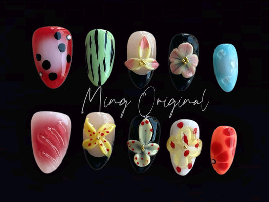 3D sculptured Orchid lily flower Press on Nails, Fairycore Sunset Tropical Floral, Colorful Abstract Flower