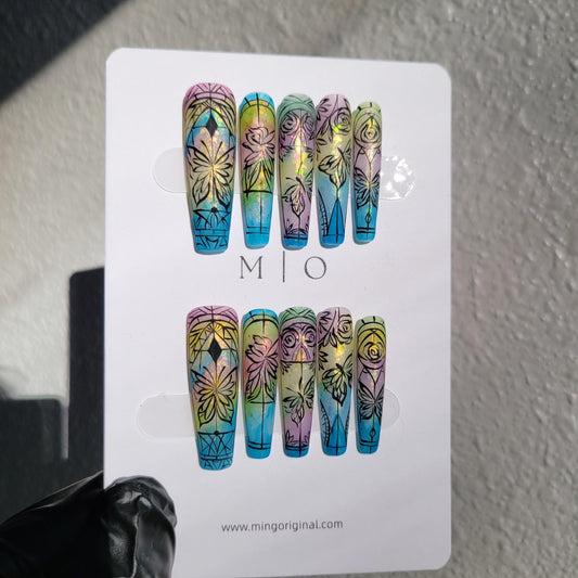 Stained Glass Window Free style Glitter Water Color press on nails, ombre rainbow color matching, hand painted nail, holiday gift for her