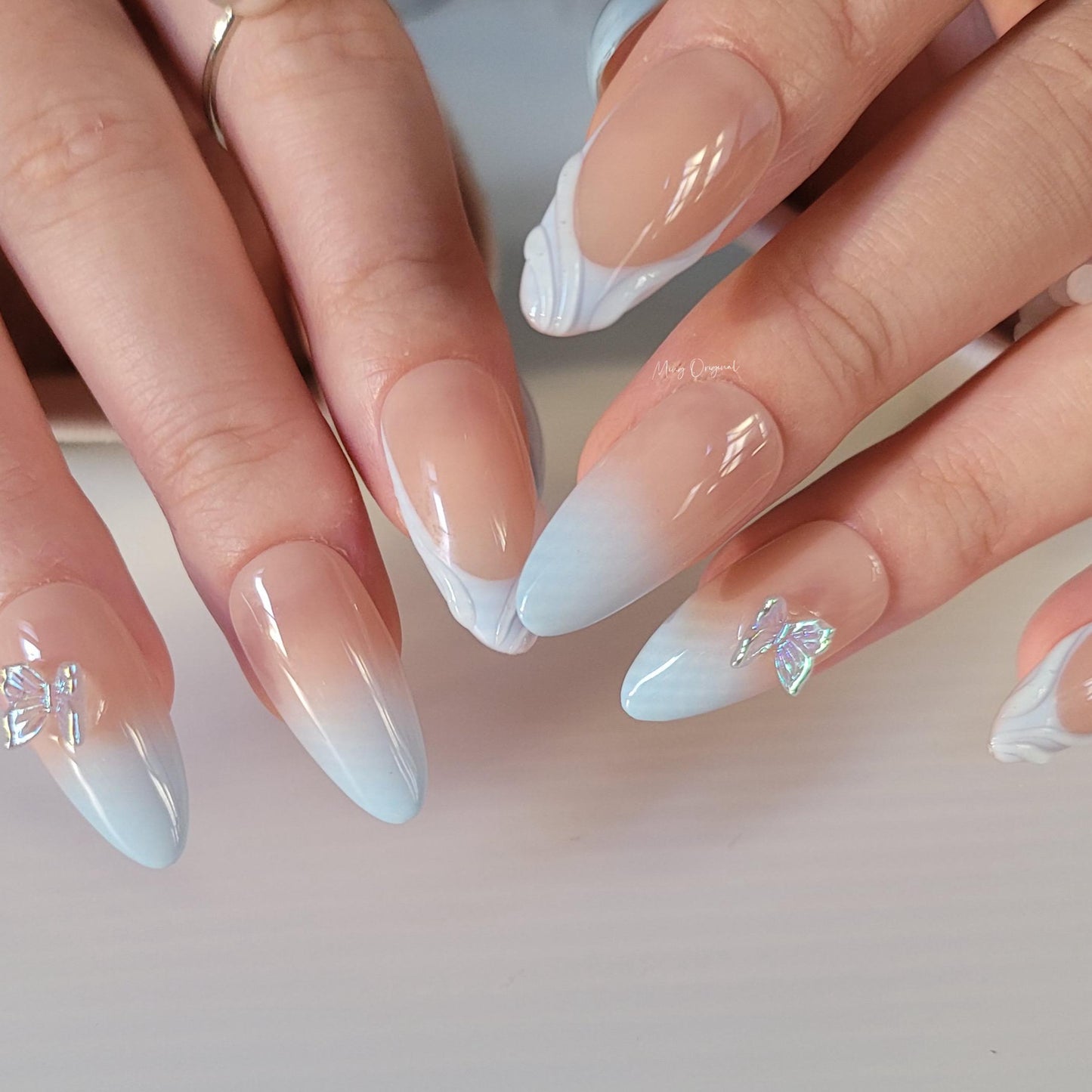 Blue airbrush glittery butterfly aura Press on Nails, blue ombre free style 3d handmade Nails,MO304