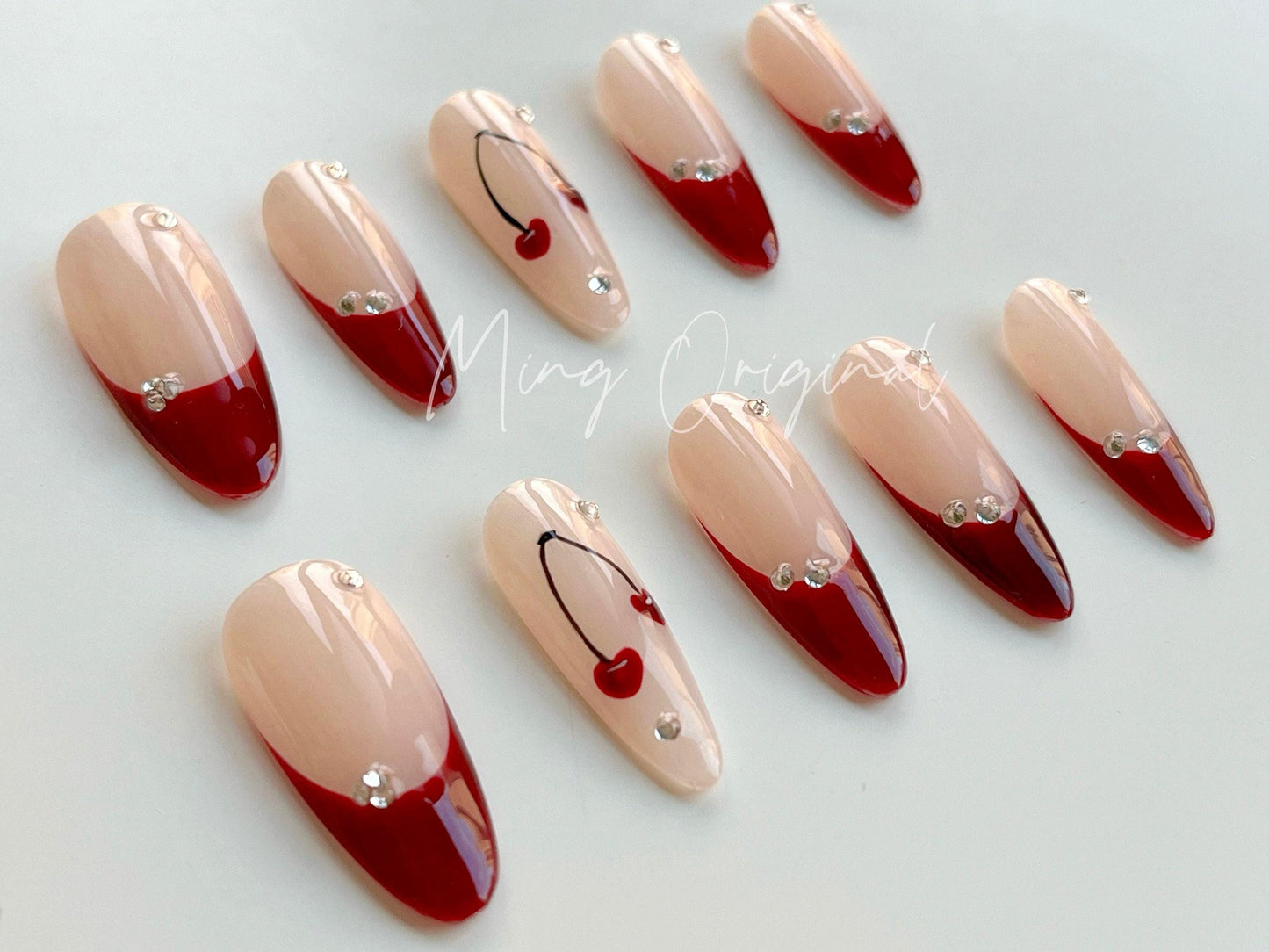 Summer Red 3d Cherry Nail,  Fruit Lover press on nails, Burgundy French Tip, Holiday Fake Nails, Gifts for Her